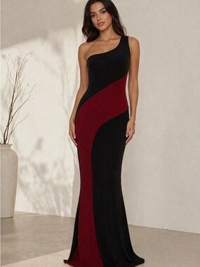 VTG Elegant One-Shoulder Black Burgundy Sparkle Black Tie Gala Glam Dress